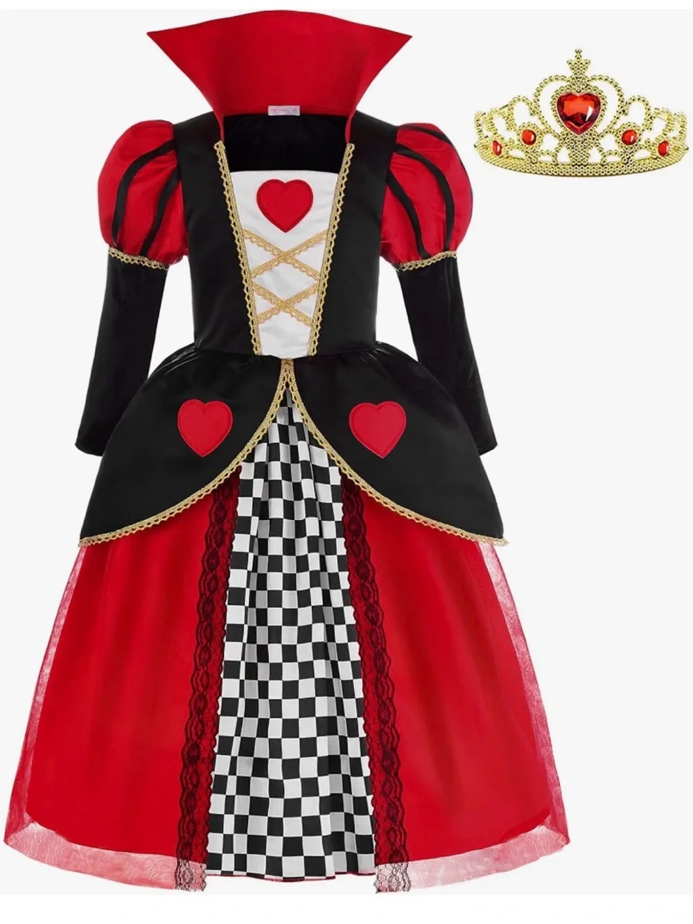 Queen of Hearts Costume Girls Size 10/12 With Crown, Hair & Dress